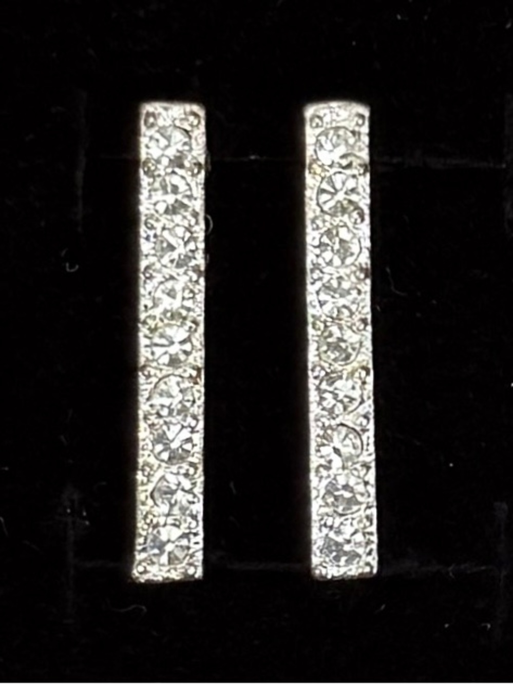Vintage Clear Faceted Stone Silver Tone Bar Pierced Earrings